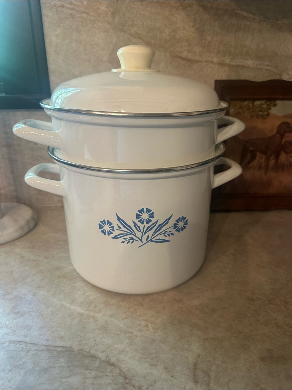 Corningware Blue cornflower White and Blue Floral Enamel Steamer Pot